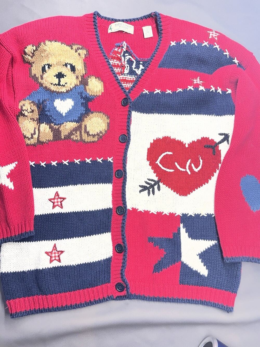 Vintage Marsh Landing Petites Teddy Bear Americana Heart Knit Cardigan PM